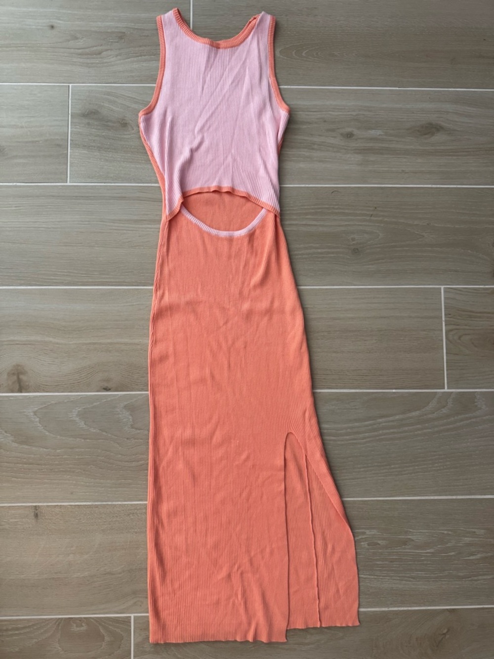 Two-Tone Pink and Coral Cutout Ribbed Maxi Dress